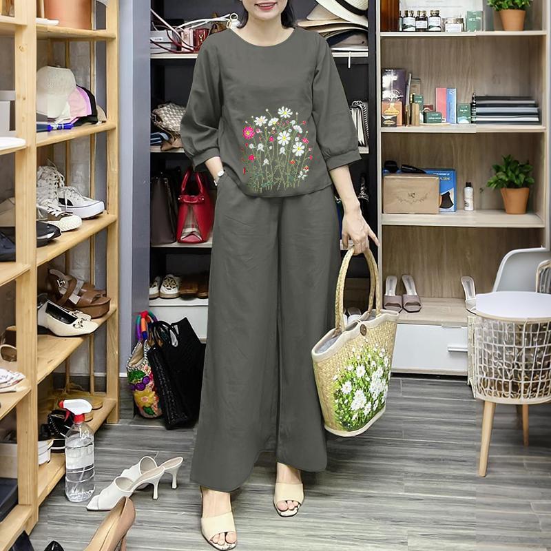 ZANZEA Women 3/4 Sleeve Floral Blouse and Pants Summer Two Piece Suit Sets