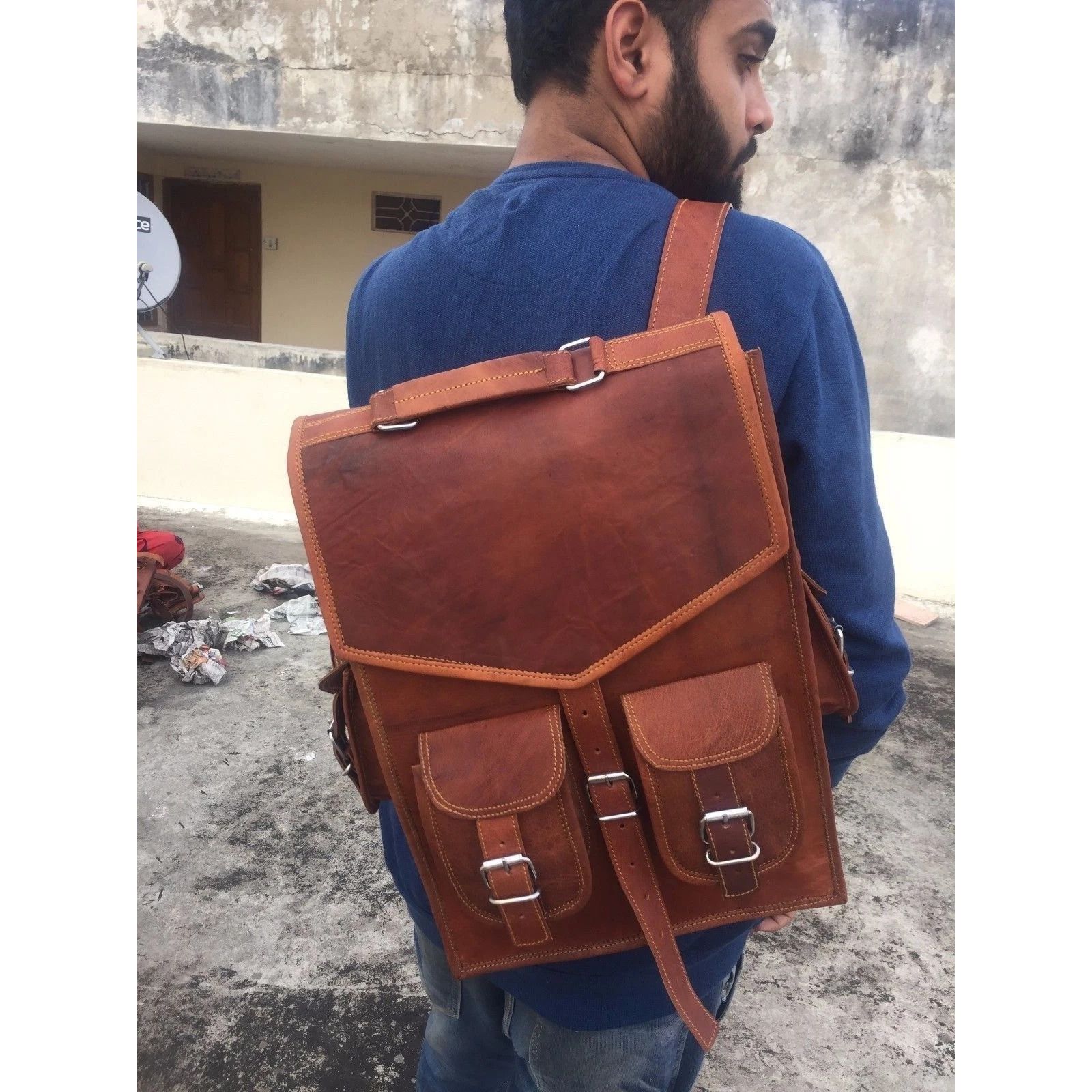 

Винтажный рюкзак для ноутбука из настоящей кожи, мужская сумка-портфель, коричневый 15 x 11 x 4 in