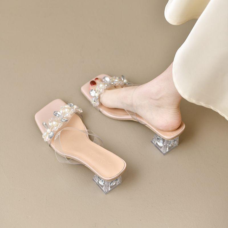 Delicate Rhinestone Transparent Cool Slippers Girl 2025 Summer Fairy Style Temperament High Heels Square Head Thick Heel Crystal Sandals