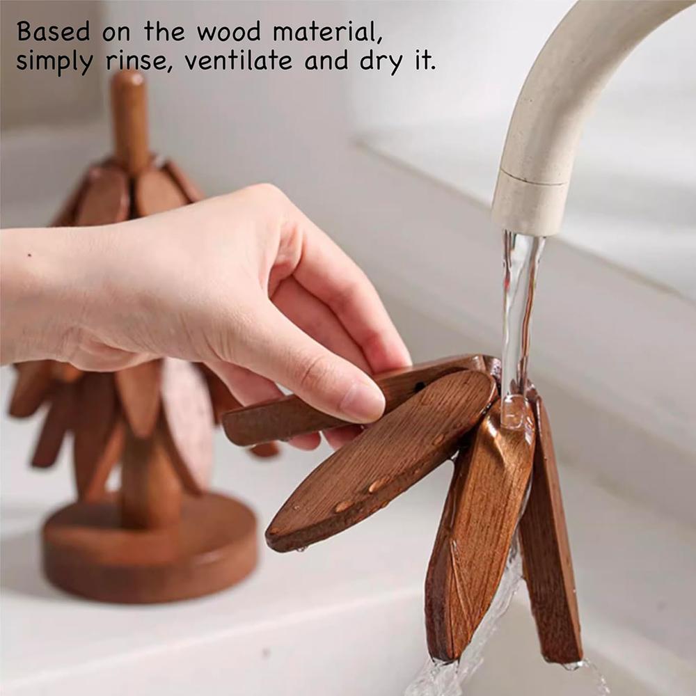Wooden Trivets Kit for Hot Dishes with 4 Wooden Trivet + 1 Stand (Walnut Wood)