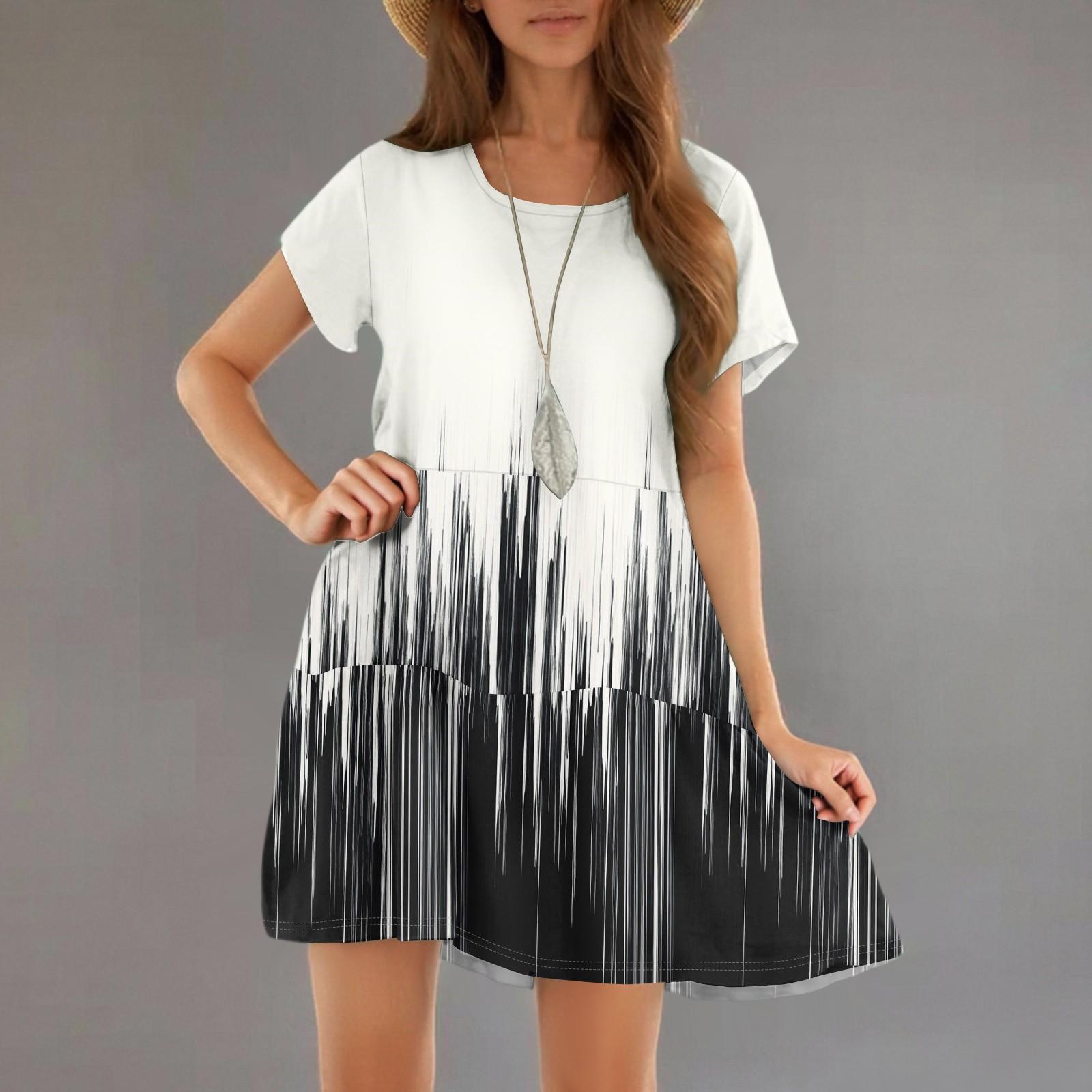 

Women s Fashion Casual Round Neck Short Sleeve Ruffle Gradient Printed Dresses S білий