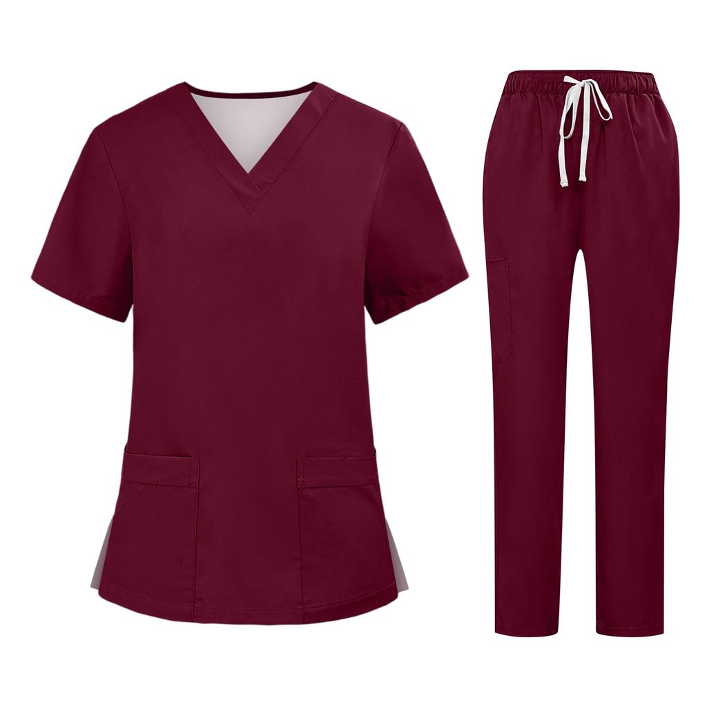 Soild Scrub Arbeitsuniform Anzug für Damen Kreuz V-Ausschnitt Kurzarm Fun T-Shirts Arbeitskleidung T-Shirt mit Taschen