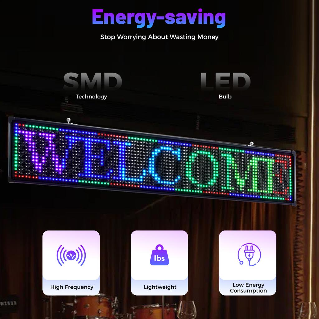 7-Color LED Advertising Sign Board, 40x8 Inch USB/Computer Controlled Digital Display with Flashing Mode for Store Restaurant Ba