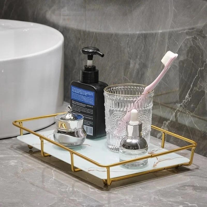 Metal Mermer Cam Tepsi Dekoratif Depolama Rafı Masaüstü Düzenleyici Kozmetik Rafı Sergileme Standı Banyo Depolama Rafları