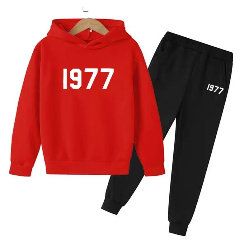 Fashion Casual 1977 Boys Girls 2 Piece Sets Tracksuit Kids Hooded Sports Suit Children Hoodies Sweatshirt Top+Pants Streetwear