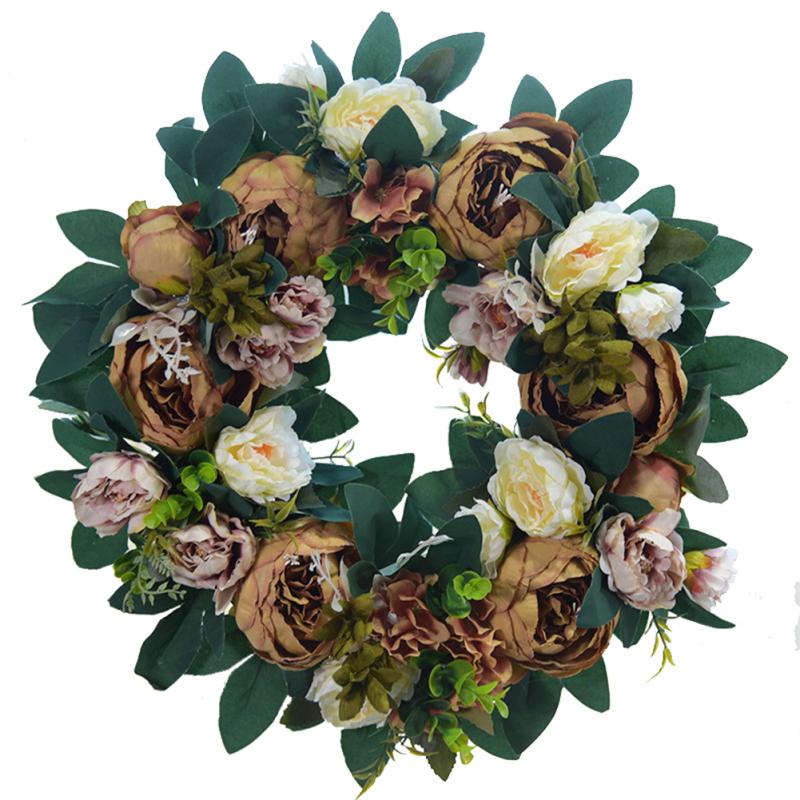Artificial  Peony  Flower  Wreath Green Leaves Vintage Blooming Peony Wreath For Front Door Wedding
