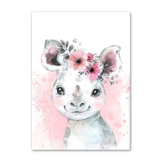 Acquerello Fiore Animale Tela Pittura Asilo Nido Rosa Baby Arte Murale Nordico Poster Stampe Zebra Elefante Giraffa Decor Immagini