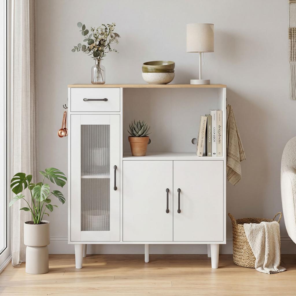 Kitchen Sideboard, Drawer, 3 Doors, Fluted Acrylic, Open Shelf, White and Oak