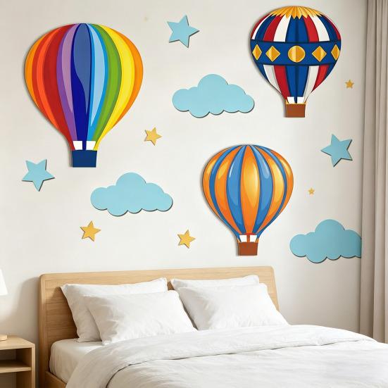 1 Set Wooden Hot Air Balloon Wall Decor Nursery Kids Room Wall Art Rustic Hanging Ornaments with Stars Clouds Design Baby Shower Birthday Gift