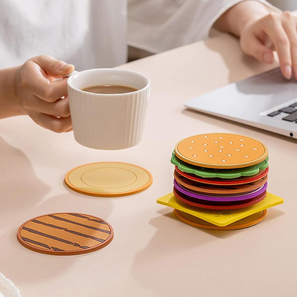 8pcs Hamburger Coaster Waterproof Coasters PVC Drink Coaster Non-Slip Cup Mat Hamburger Shape Coasters Heat Insulation Cute Pattern Coasters Holiday