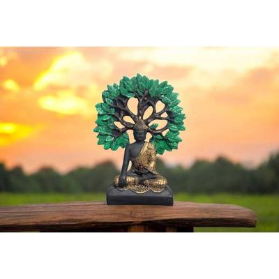 Statue de Bouddha Arbre pièce maîtresse Idole Articles de Décoration Intérieure pour Salon et Cadeaux Pièce Décorative - 24 cm  (Résine, Noir, Vert, Or)