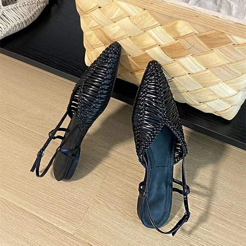 Sheepskin version~ Leather Dugu woven pointed Roman sandals women's summer flat bottom hollowed out one word with bag head cool slippers
