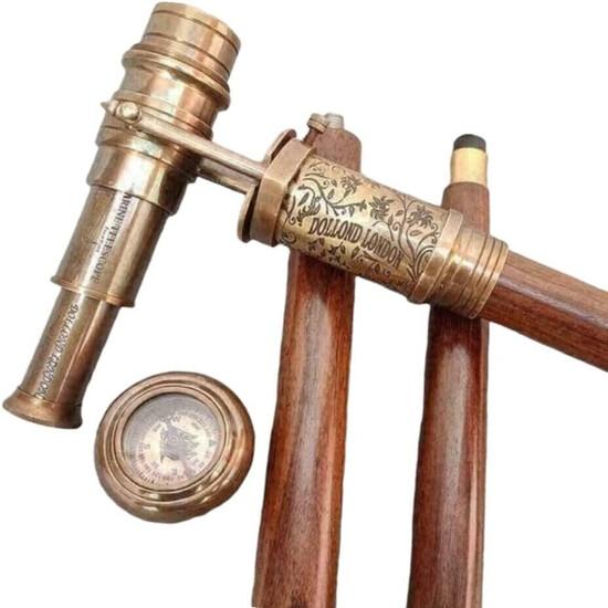 Brass Telescope Compass London Hidden On Top Wooden Walking Stick Canes