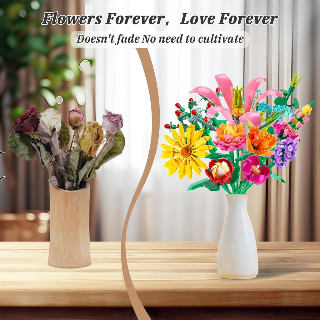 756 PCS Flower Bouquet Building Sets - 11 Kinds of Building Block Flowers, Botanical Collection Crafts Set for Home Office Decoration, Valentines Day