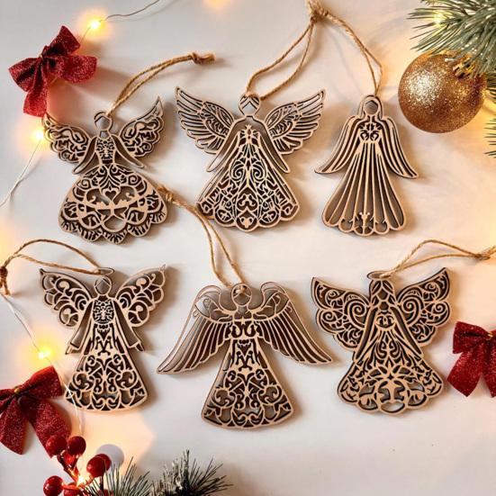 Dřevěné andělské vánoční ozdoby Rustikální andělská závěsná ozdoba s dutým designem pro zimní Vánoce Domov Kancelář Zeď Okno Krbová římsa Party Dekorace