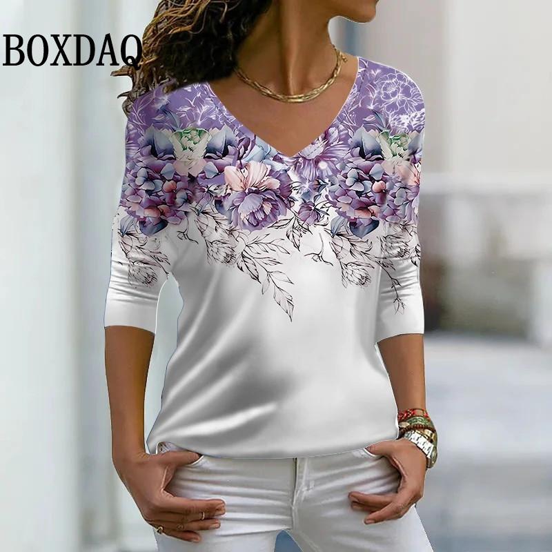 

Повседневная уличная винтажная футболка с длинными рукавами, новые весенне-осенние женские новые топы с v-образным вырезом и цветочным принтом, футболки оверсайз 4XL