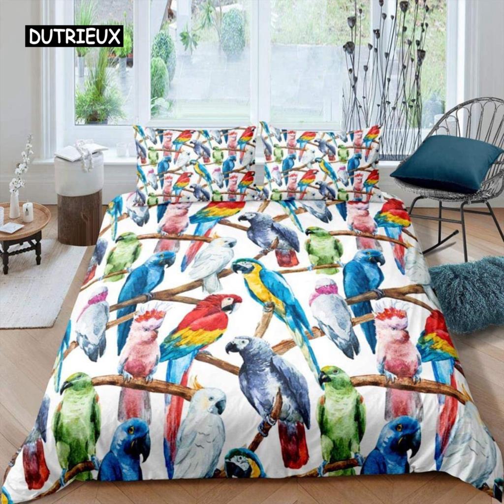 Parrot Duvet Cover Set Black White Stripe Bedding Set Green Plant Palm Leaves Quilt Cover Bird Animal Polyester Comforter Cover