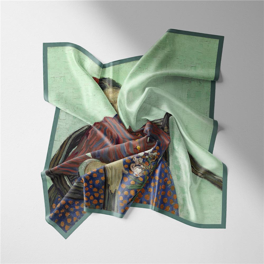 53CM Small Square Scarf French Style Lady Portrait Printed Twill Satin Ladies Neck Scarf Women's Bandana Hijab Bag Neckerchief