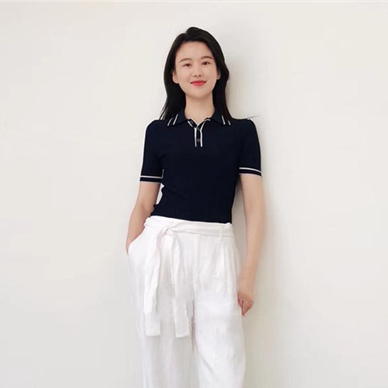 Gejia 2024 Spring/Summer Women's Polo Collar Color Block Short Sleeve Ice Silk Slim Fit T-Shirt