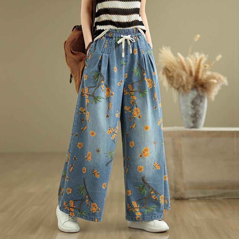 Summer Thin Jeans Printed with Floral Wide Leg Pants Loose and Slimming Elastic Waist Straight Leg Mop Pants for Women 2026