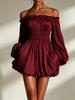 Women's Off Shoulder Ruched Bubble Sleeve Mini Dress Solid Color Smocked Waist Flounced Hem Dress