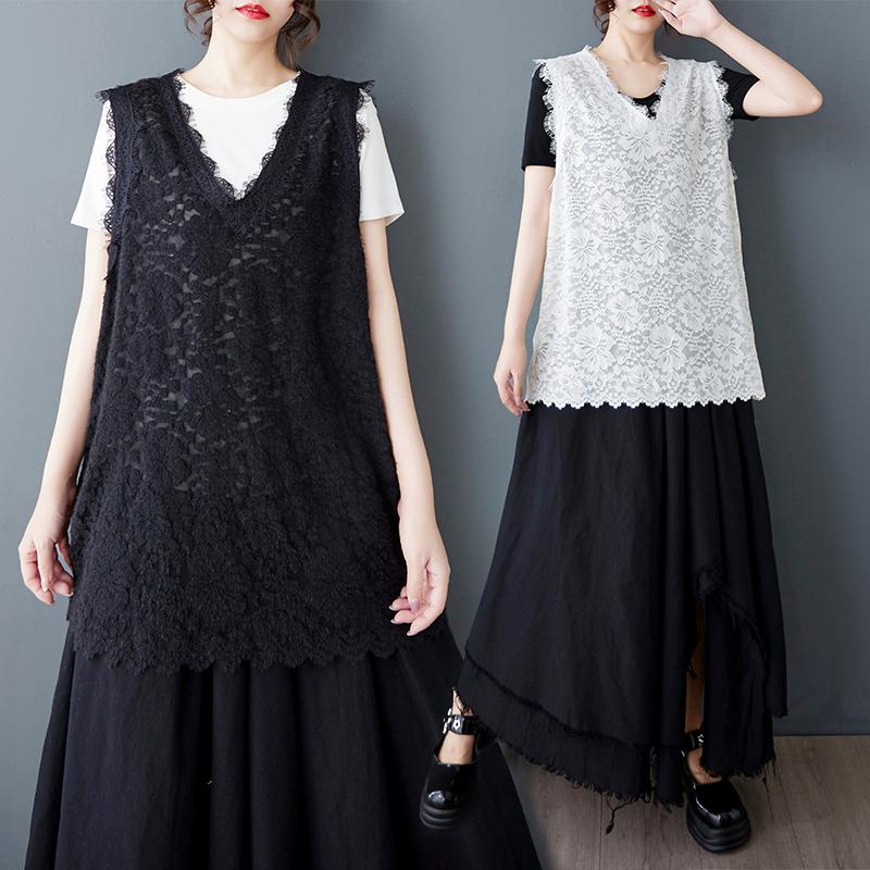 

DIMANAF 2025 New Plus Size T-Shirt Women Lace Sleeveless Summer Style Basic Tops Tees Loose Elegant O-Neck One Size чорний