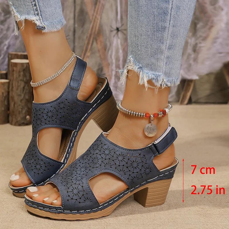 Fashion Hollow Out Women's High Heels Sandals Summer Hook Loop Thick Heeled Platform Sandles Casual Anti-Slip Beach Sandals Plus Size