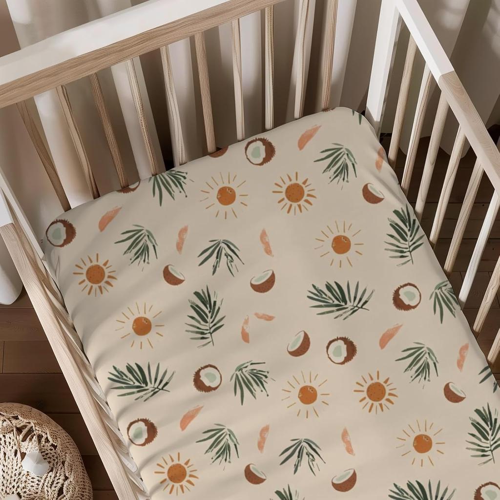 Summer Palm Coconut Sun Leaves Pattern Baby Sheets for Crib, Unisex Summer Theme Nursery Fitted Bed Sheet for Boys Girls Standard Crib and Toddler