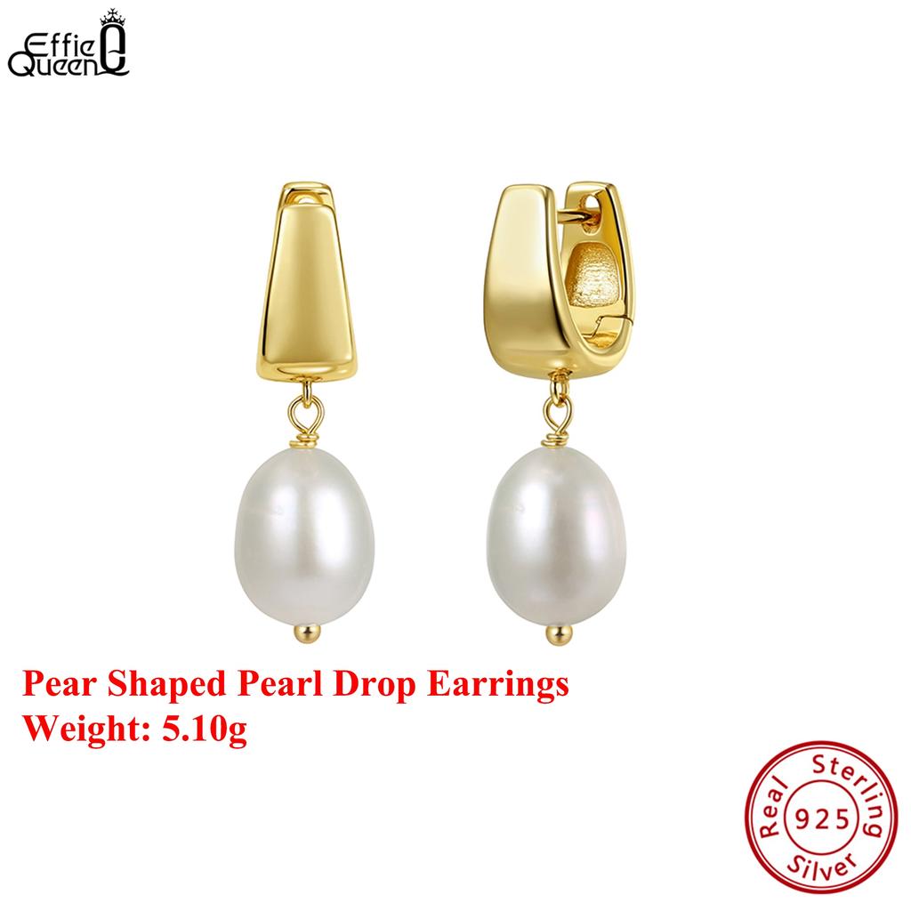 Effie Queen 925 Pure Silver 14k Gold Pear Shaped Pearl Drop Earrings Natural Jewelry for Women Wedding Party Banquet Gift GPE130