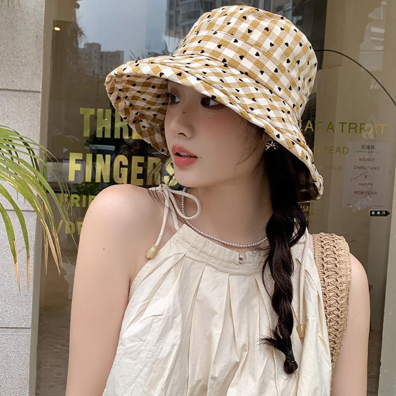Love plaid bucket hat women's spring summer versatile washbasin hat big brim sunshade sunscreen hat tide