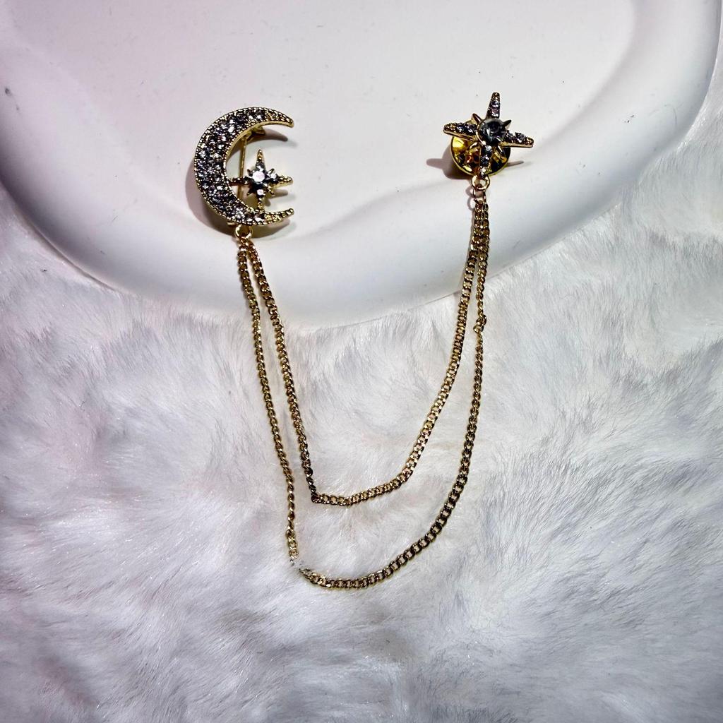 Lux Alloy Moon & Star Chain Brooch - Unisex Korean Style
