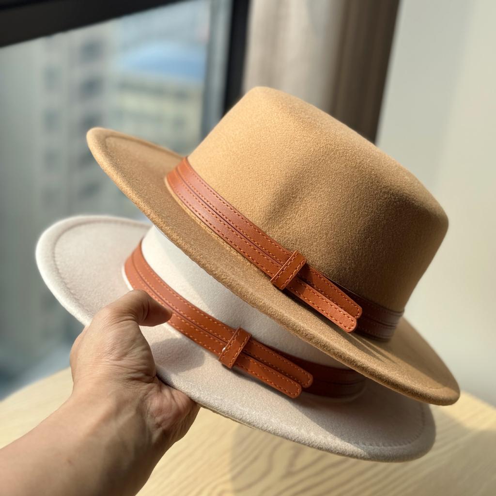 New French Double Belt Buckle Woolen Hat Flat Top Hat for Women Autumn and Winter British Retro Style Wide Brim Felt Hat