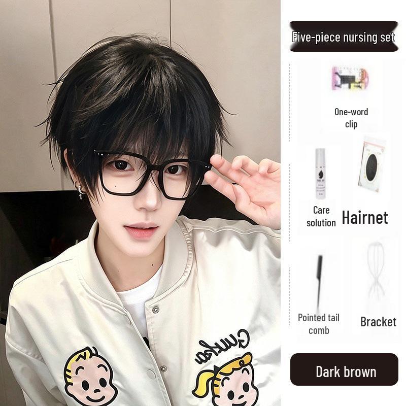 Men's Natural Black Short Wig with Micro-bangs, Layered and Fluffy for Daily Wear