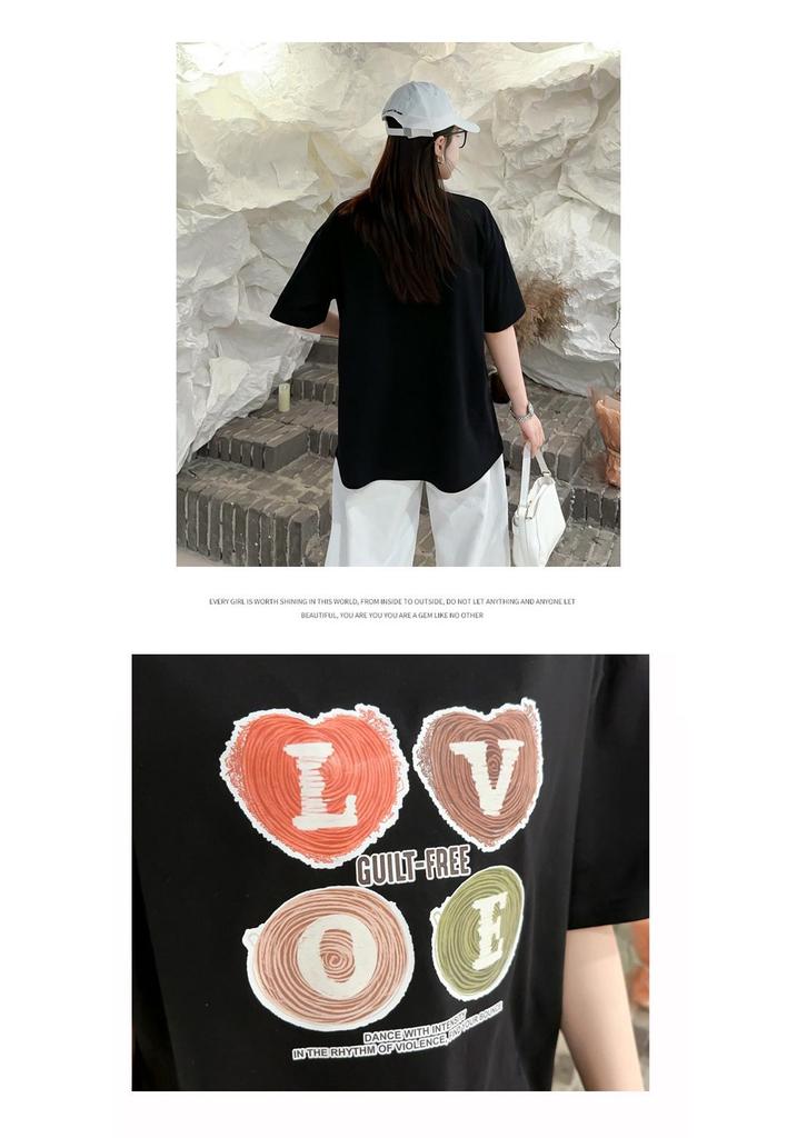 Summer 2025 Plus Size Love Letter Women's Loose T-shirt - Korean Style, Slimming, Short Sleeve