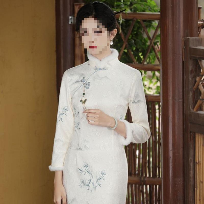 Women's Long Sleeve Fleece-Lined Qipao Dress - Winter/Autumn Style