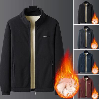 Men Jacket Stand Collar Long Sleeve Thickened Velvet Lined Warm Winter Coat with Pockets Zipper Placket Cotton Jacket