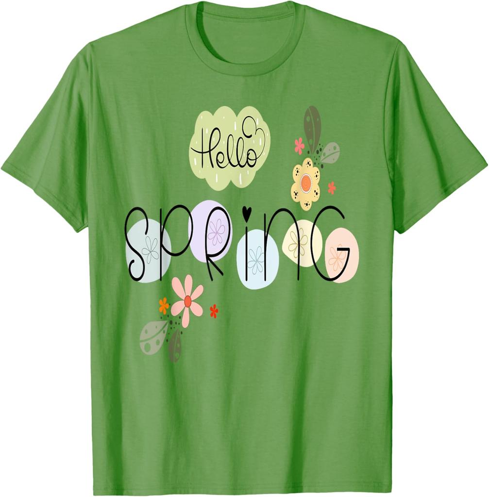 Hello Spring Flowers Graphic Tee Casual Cotton Short Sleeve T-Shirt Daily Wear