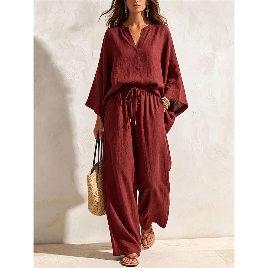 Women Linen‑Look 2‑Piece Outfit V‑Neck 3/4 Sleeve Loose Blouse Drawstring Waist Wide‑Leg Long Pants Casual Set 