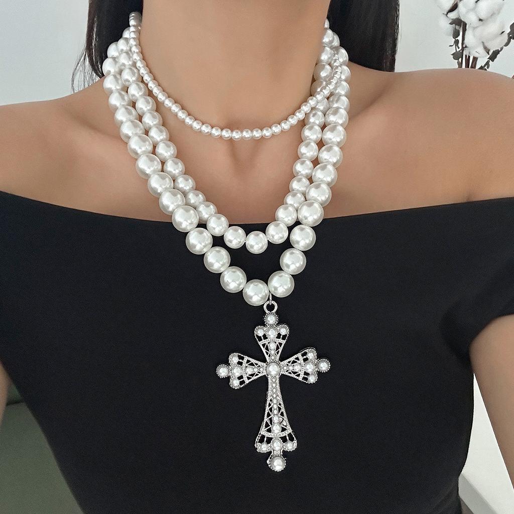Punk Pearl Cross Necklace Set, Personalized Beads Stacked Collarbone Chain Necklace For Women