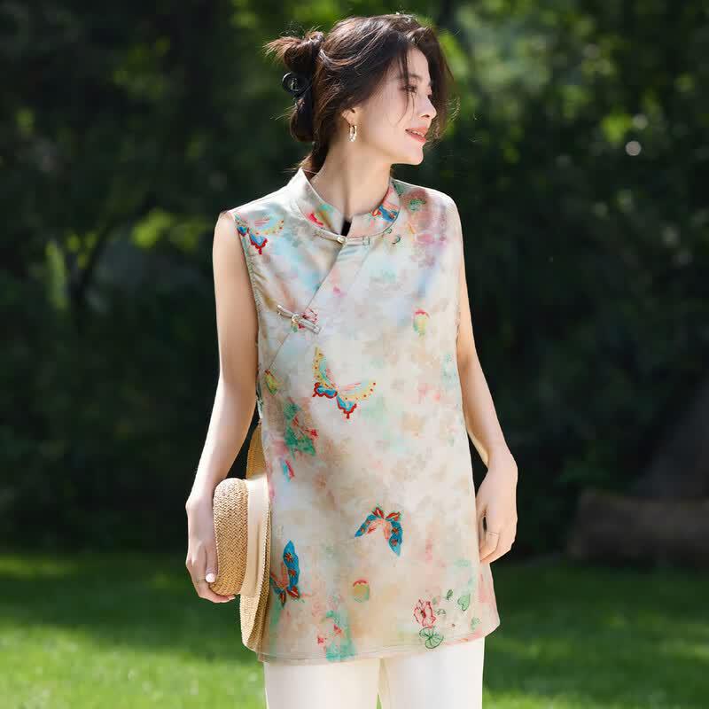 Oudifu Women s Butterfly Print Sleeveless Round Neck Blouse XXL