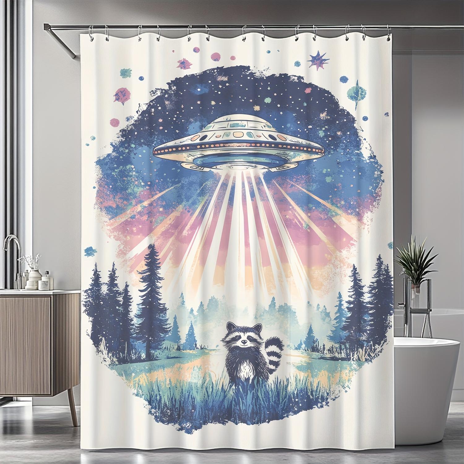 

Retro Sci-Fi UFO & Raccoon Shower Curtain - Whimsical Space Theme, Digital Print, Includes Hooks, Machine Washable W90xH180cm