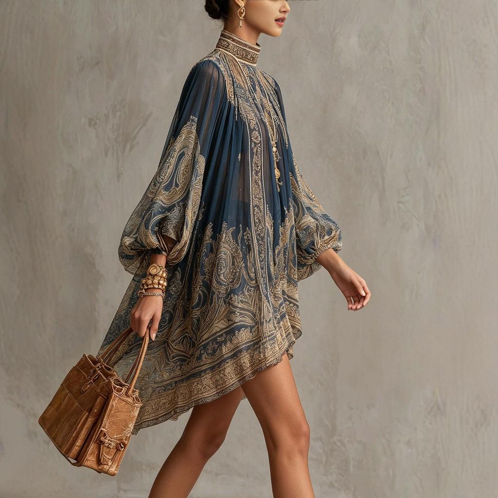 Women's High Neck Long Sleeve Mini Dress Loose Fit Mid Rise Paisley Print Sheer Chiffon Irregular Boho Vacation Tunic Dress 2026 Summer Beach Cover Up