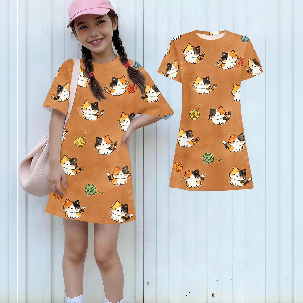 Mädchen lockeres kurzärmeliges Kleid leicht rundhalsig lässiges Kleid mit Tiermotiv bequemes Sommerkleid für Kinder