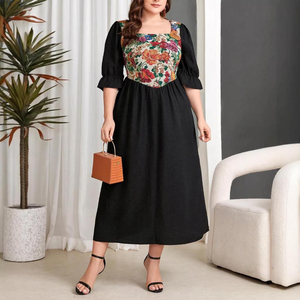 Ready Stock Plus Size Retro French Print Patchwork Dress - Long Sleeve Autumn/Winter Women's Skirt