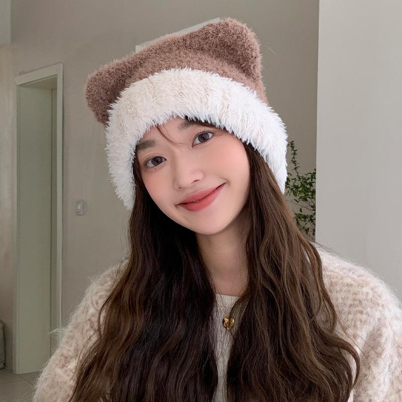 Herbst- und Wintermützen für Damen Einfarbig Vielseitige gestrickte Wollmützen für Winterwärme Niedliche Ohren-Überzieh-Mütze Ohrenschutz Kalte Mütze Neu