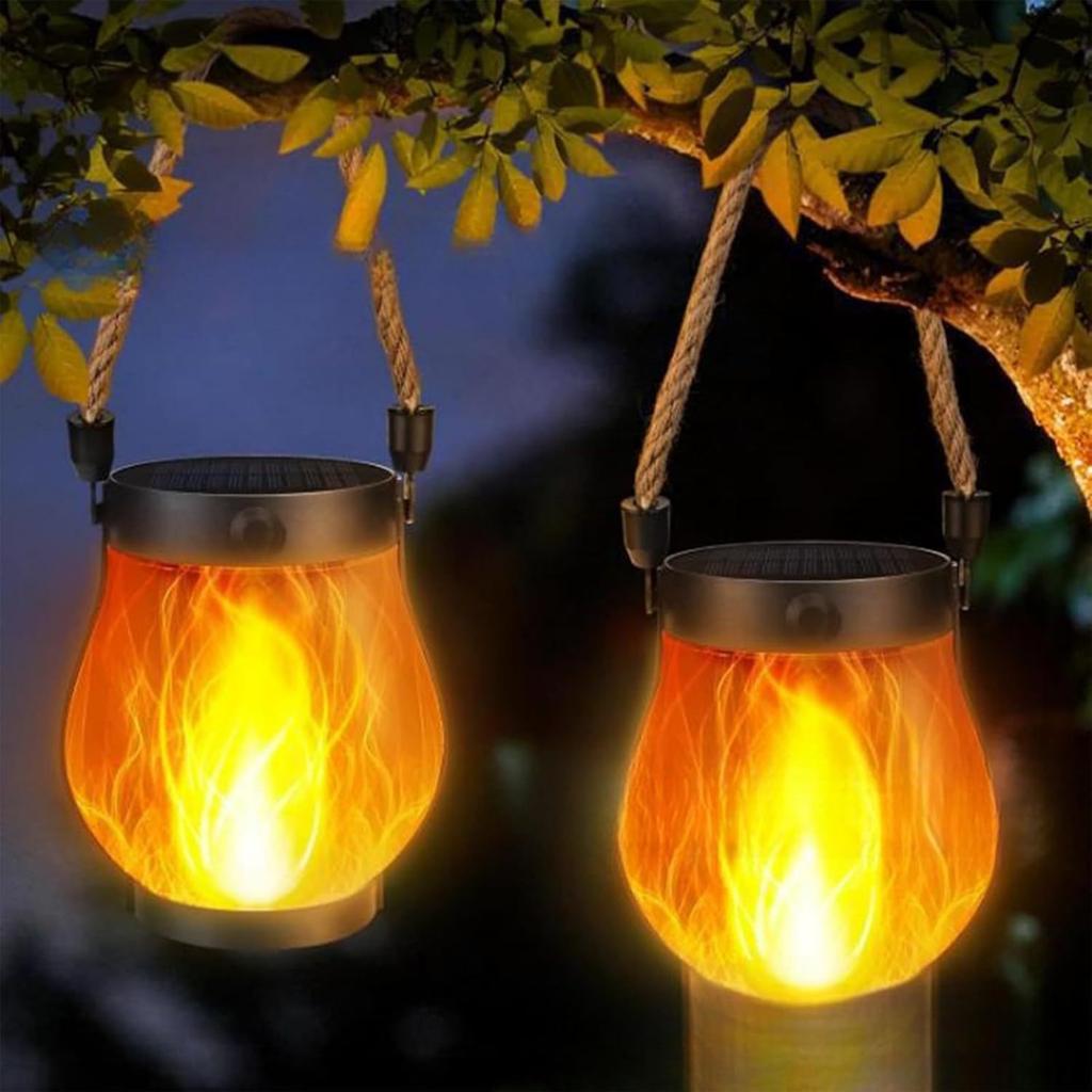 Solar Flame Lantern Outdoor Camping Light Decorative Atmosphere Lamp for Garden Patio Hanging Rope Handle Waterproof