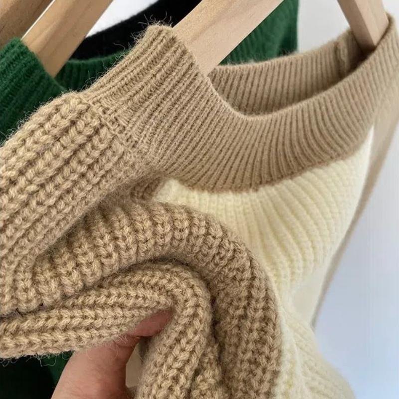 Women's Color-Block Crew Neck Raglan Sleeve Sweater Loose Outer-Wear Thickened Long-Sleeve Top Versatile Knitwear for Autumn & Winter