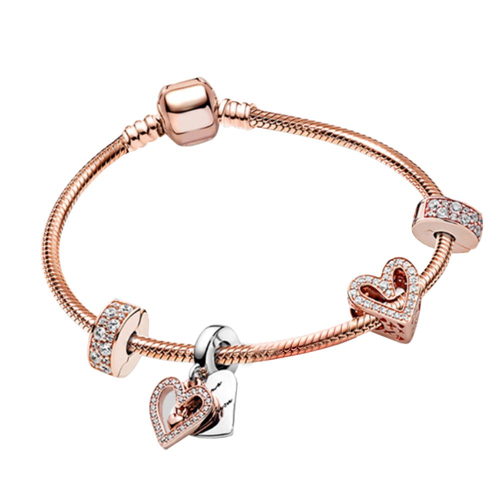 

Двухцветный браслет из розового золота с мерцающим расписанным вручную сердцем и костью змеи, подходящий для подвесок DIY, для женских подарков на день рождения 18cm