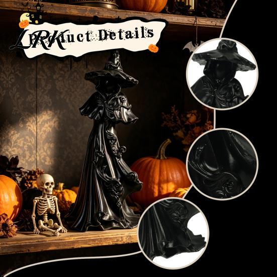 Mystical Tabletop Decor 12 Inch Black Resin Faceless Witch Figurine, Gothic Spooky Robed Statue with Figurine for Halloween Pointed Wizard Hat,