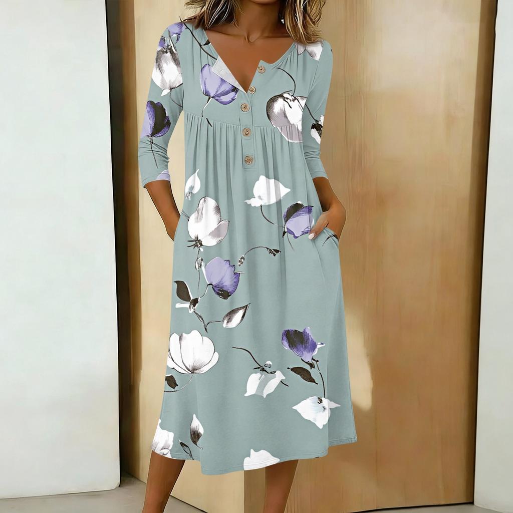 Women's Casual 3/4 Sleeve Button-down Mid-length Dress
